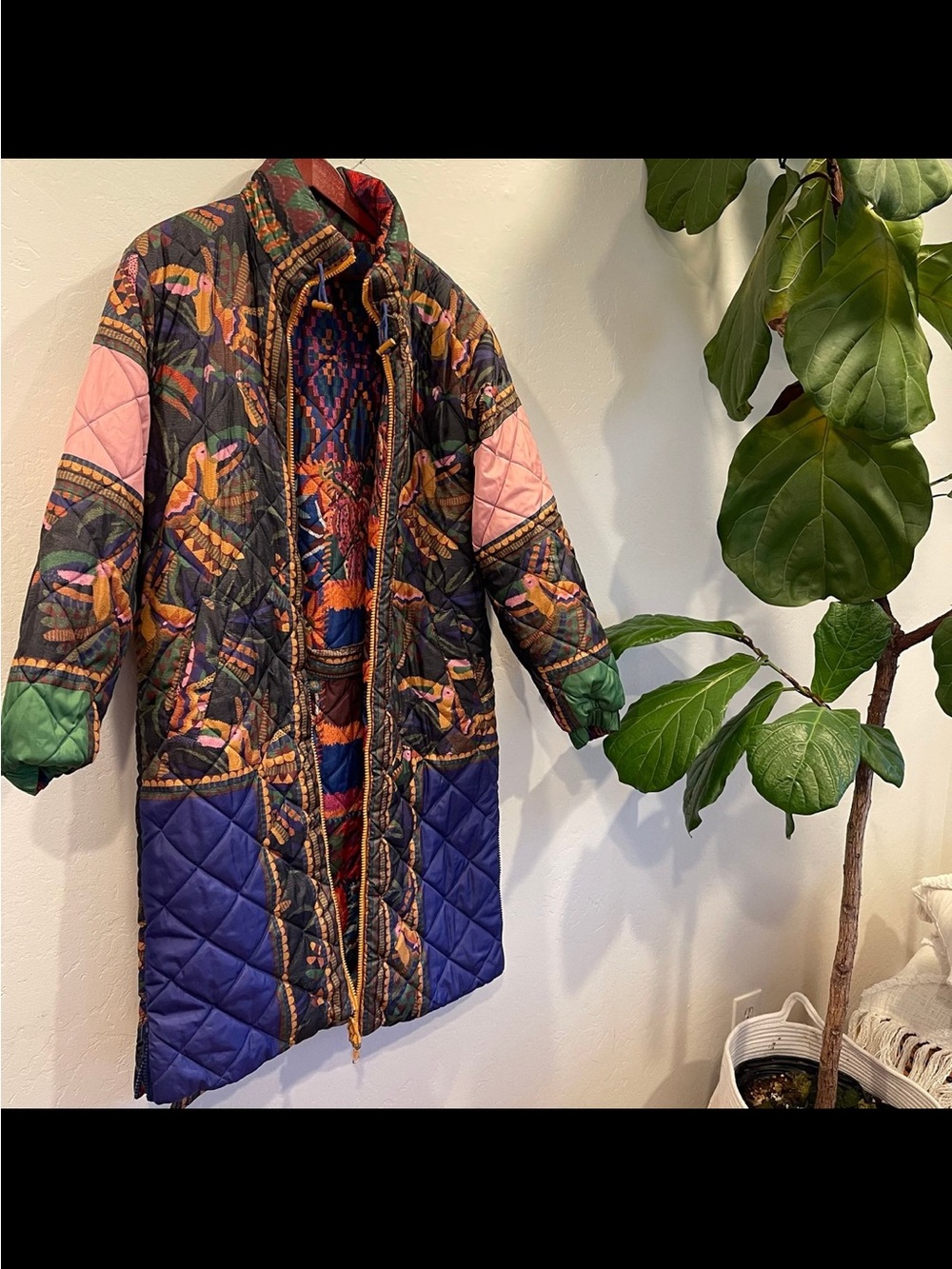 Farm Rio Puffer Multicolor Quilted Long Puffer Coat with Belt - Picture 6 of 15